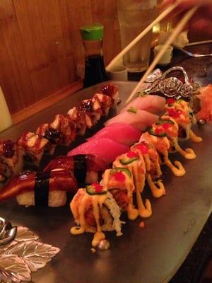 Black Dragon Roll; Eel, tuna and white tuna nigiri; Super Spicy Salmon Roll