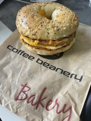 Everything bagel sausage breakfast sandwich