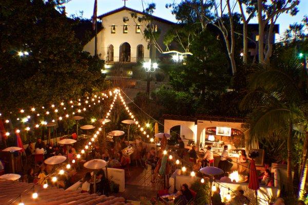 romantic patio dining under the Mission de Tolosa in downtown San Luis Obispo