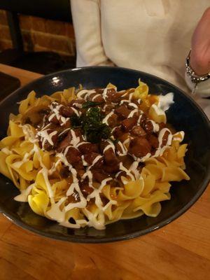 My daughter's beef stroganoff dish, needed more kosher salt and pepper... pasta cooked well, just needed more seasoning.