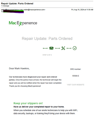 MacExperience breached written notice that "technicians have diagnosed repair [and] you will be notified when the repair has been completed"