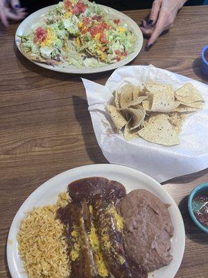 Monterrey Tostadas, Tamales with beans & rice, chips and salsa