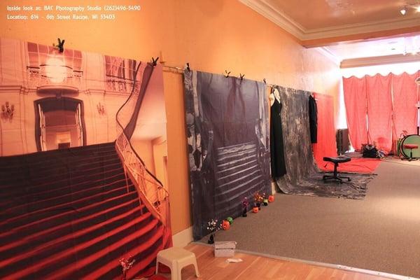 Studio setups 1,200 sq. Ft. Offers more room beyond the 7 backdrops. This setup is simple and can be used simultaneously..