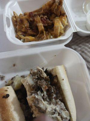 Steak & cheese w banana peppers & mushrooms! Load fries