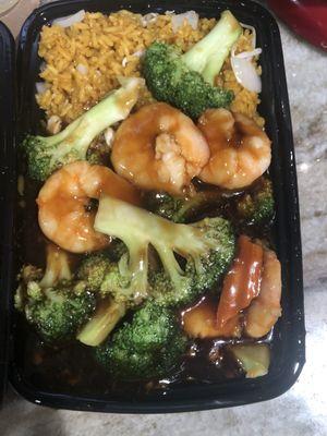 Shrimp and broccoli with chicken fried rice