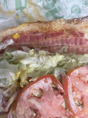 My 2 of 4 strips of bacon on a footlong BLT. How is this even called a BLT?