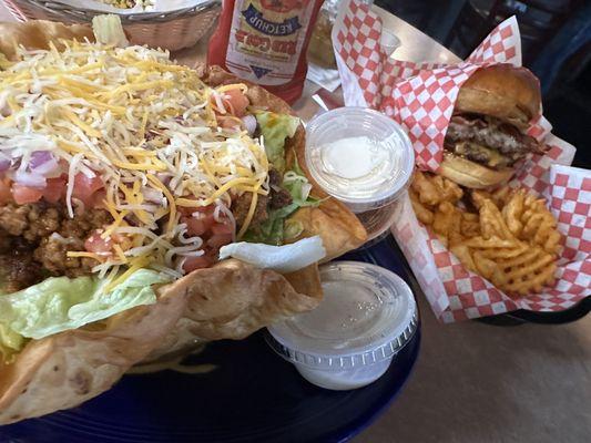 Taco salad and cowboy burger with waffle fries! Both were amazing!