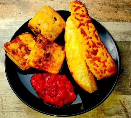 Cranberry Ciabatta, soft Cheesy Breadsticks, homemade raspberry jam - tasty!