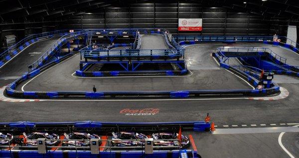 Coca Cola Raceway is one of two multi level tracks at Supercharged Indoor Karting.