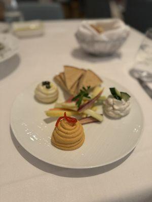 The Greek spreads - tzatziki, taramosalata* and htipiti, grilled pita, raw vegetables