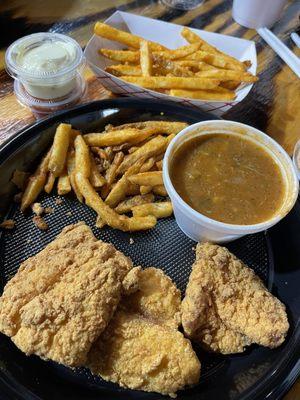 Fried fish, seafood jumbo, and seasoned fries