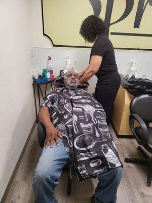 She was so amazing with him. We came for haircut and she saw he needed a deep scalp condition he said he never felt more like King before