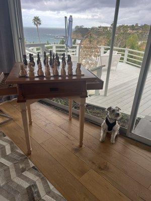 Custom hand made chess board by wood master Borris Little Bobby loves the board as well !