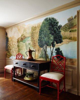 "Little Tuscany" graces the walls of this lovely Colonial dining room in New England