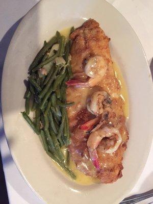 Pan fried catfish with green beans, topped with grilled shrimp