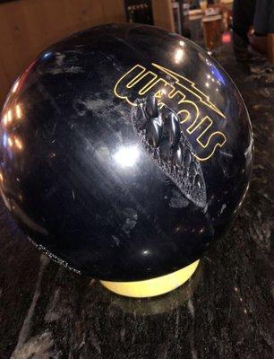 ball that was returned after a strike was thrown. Ball is only a few weeks old. Bowling alley refused to do anything about it.