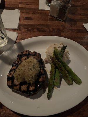 Maple glazed pork chop, mashed potatoes, asparagus