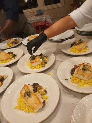 Pan Seared Sea Bass with Turmeric Orzo, Roasted Potatoes, Broccoli & Cauliflower,Lemon Buerre Blanc