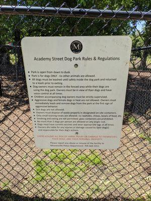 Rules of the dog park at Academy Street Park, Mooresville