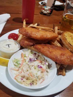 2 piece cod fish & chips with coleslaw, delicious fries & texas toast delicious.