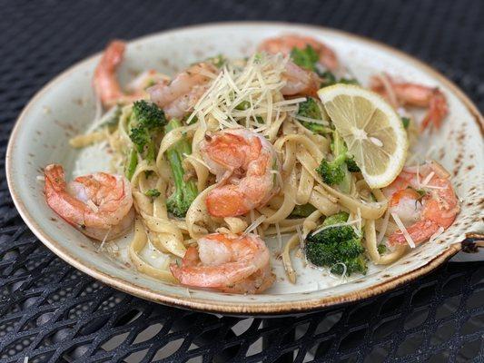 Lemon and Garlic Fettuccini with Shrimp and Broccoli.