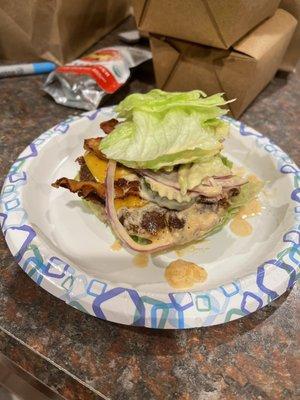 Pow Burger with bacon wrapped in lettuce