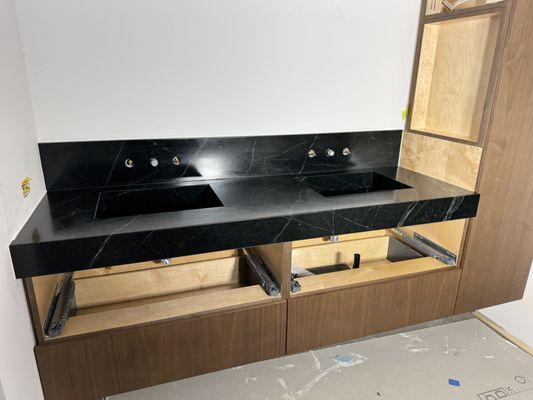 Soapstone bathroom vanity with ramp sinks -
 just installed