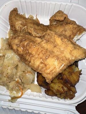 Whiting Platter with Cabbage and plantains