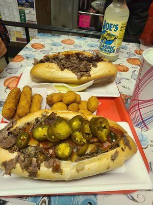 Mushroom steak sandwich loaded with jalapenos, steak sandwich with bbq sauce, mozzarella sticks, corn nuggets and green mint chip shake