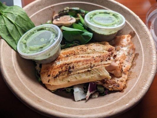 Large Salmon Bowl with Superfood salad, spinach, mushrooms, asparagus AND Goddess sauce!