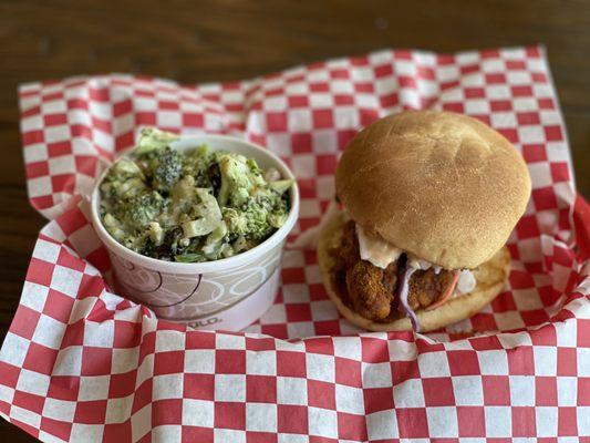 The One & Only Chicken Sandwich with broccoli salad