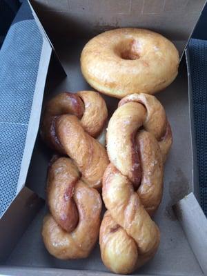 Regular glazed and 2 cinnamon twists.