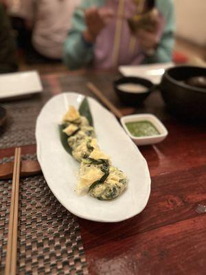 kale dumplings in tofu skin wrap