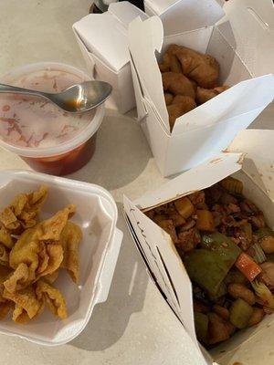 4. Six Pieces Crab Rangoon, 61. Sweet and Sour Chicken + sauce, 65. Kung Pao Chicken