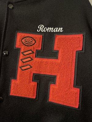 HBHS Varsity Football Letter w/ football and 3 chevrons to symbolize 3 years on Varsity