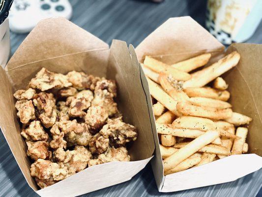 Popcorn chicken and garlic fries