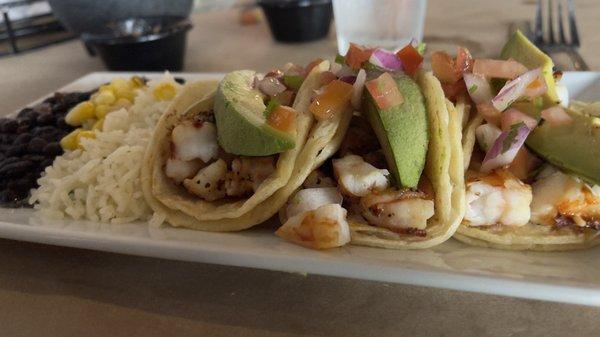 Shrimp tacos with cilantro lime rice and black beans