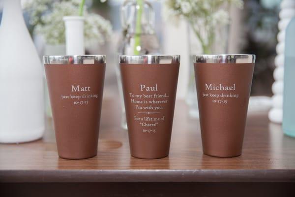 Engraved Hydroflask pint glasses for the wedding party. Great work!