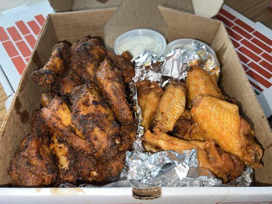 20 wings split - Cajun on the left. Mild on the right.