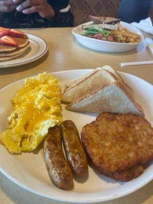 2 Egg with Meat Platter Scramble Cheese Eggs, Hash Browns, Turkey Sausage and MultiGrain Toast