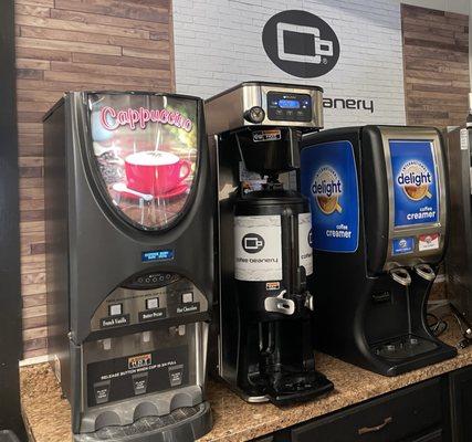 We offer gourmet coffees, regularly and decaf brewed coffee, cappuccinos as well as a fountain machine, flavored teas and lemonades.