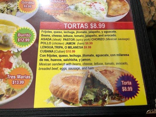 Tortas menu