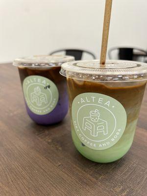 Ube latte and Pandan latte