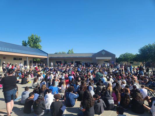 Wrangler rally  students, teachers, and parents outside....big, beautiful school yard!