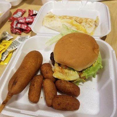 Dinner Tray: Cheese Burger, Corn Dog, Chicken Quesadilla, and Hushpuppies