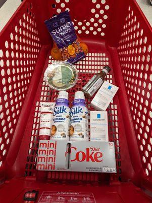 Cart today $93.46. Sumo Citrus $5.99. Silk Almond Creamer $4.99 ea. La Roche-Posay $22.99 ea. Eucerin $12.99. Diet Coke $6.29. Salad $3.19.