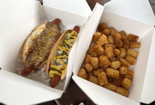 Chili Cheese Dog, All Beef Hot Dog, Tater Tots with Cajun Seasoning