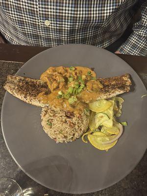 Blackened redfish with pecan rice pilaf and vegetable medley