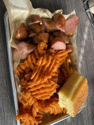 Smoked sausage and cornbread.