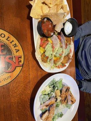 Shrimp tacos with ceaser salad with grilled chicken